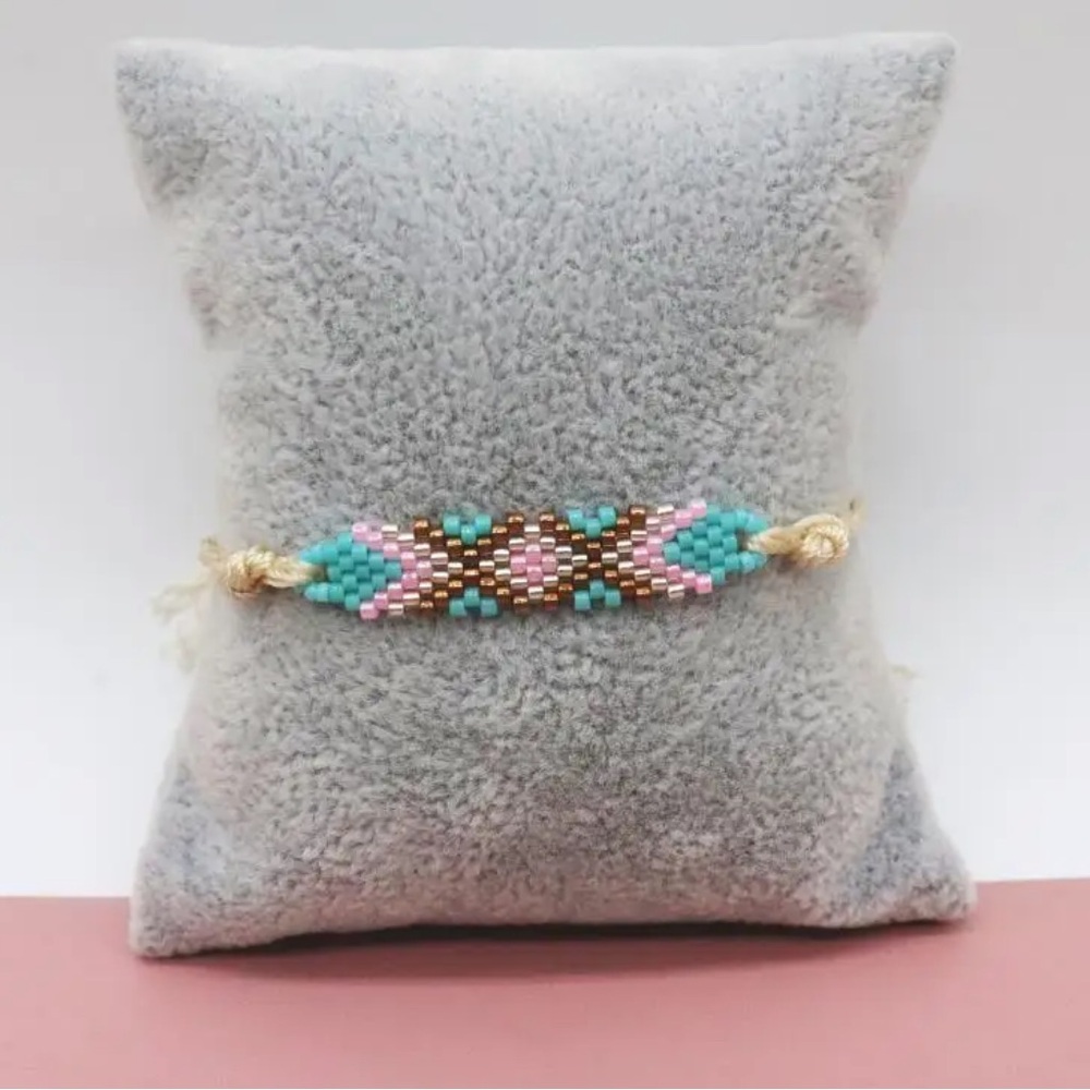 Turquoise Miyuki Seed Beaded Aztec Bracelet with Cream band